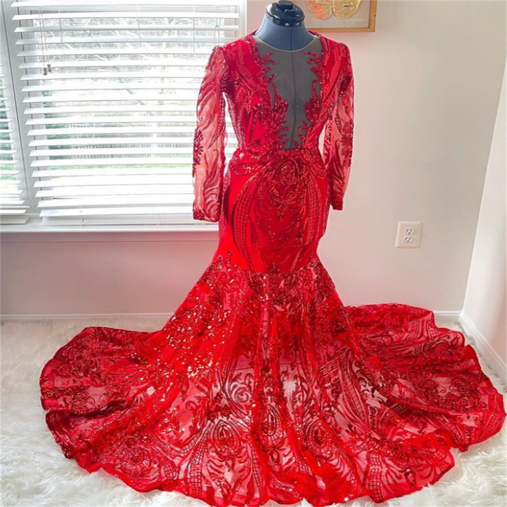 Long Sleeve Blue Evening Gowns Luxury Red Sequin Prom Dress 2023 Mermaid Formal Dresses Floor Length Birthday Occasion Party Occasion Speacial vestido