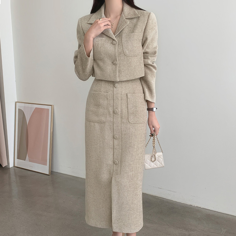 Two Piece Dress Moyizif Winter Woman Skirt Sets Lapel Pockets Solid Coat High Waist Split Skirts Two Piece Set Retro Korean Fashion Women Outfit 23050