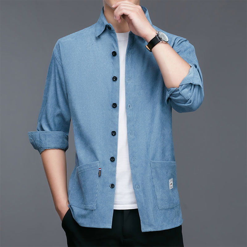 Men's Casual Shirts Stylish Solid Color Lapel Button Spliced Pockets Shirt Men's Clothing Autumn Oversized Casual Tops Loose Korean Shirts 2