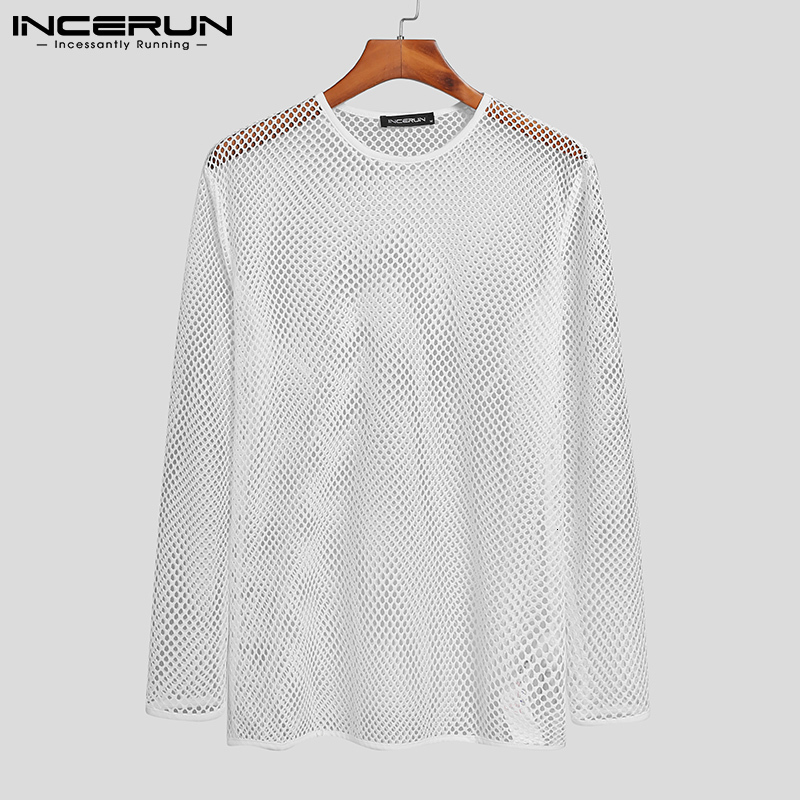 Men's T-Shirts Tops Summer Fashion Men's Undershirt O-neck Tees Long Sleeved Party Nightclub Breathable Mesh T-Shirts S-5XL INCERUN 230503