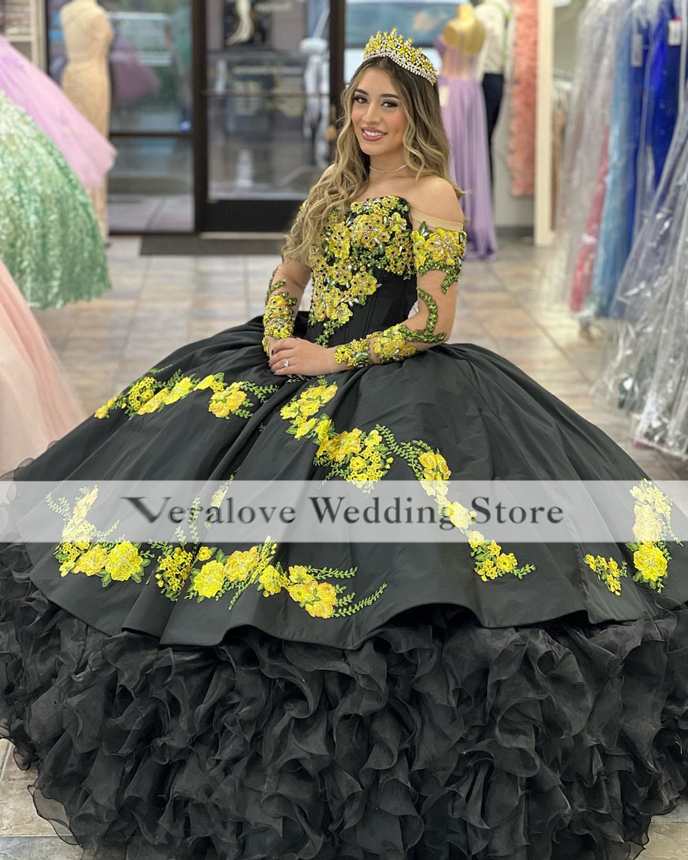 2023 Black Ball Gown Sweet 16 Quinceanera Dresses Off Shoulder Ruffle Crystal Embroidery Lace Mexican Vestidos De 15 Party Wear