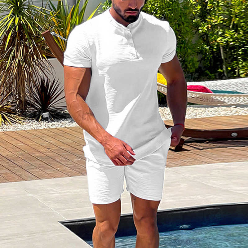 Men's Casual Shirts Vintage Loose Cotton Linen Outfits Homens Tops de Manga Curta E Shorts Conjuntos Vero Casual Moda Mens Two Piece Ternos Stree