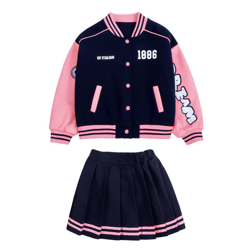 Clothing Sets Teen Girls Autumn Suit Baseball Uniform Spring Fashion Letter Print Patchwork Jacket Coat Pleated Skirt 2pcs JK Outfits 4 14 Y 230504