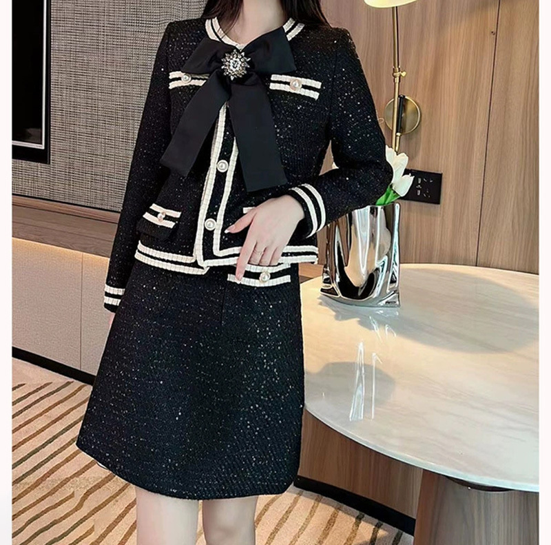 Bornladies Autumn Winter Wool Suits Women 2 Piece Set Beading Big Bowknot Tweed Short Jacket Coat + High Waist Mini Pocket Skirt 201027
