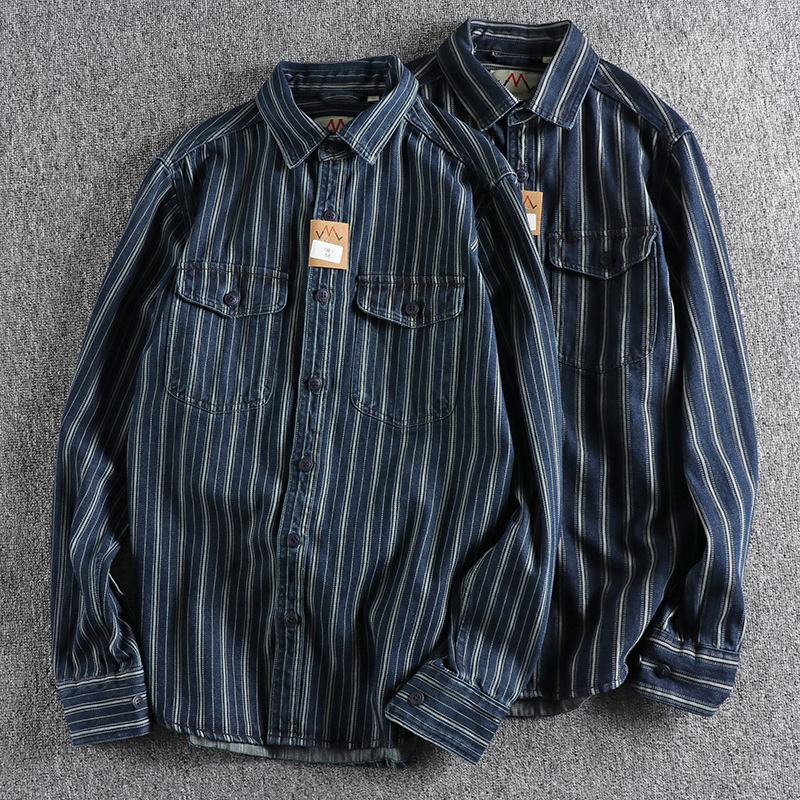 Men's Casual Shirts Autumn and winter yarn-dyed striped wash jeans long-sleeved shirt man retro trend with classic shirt 230504