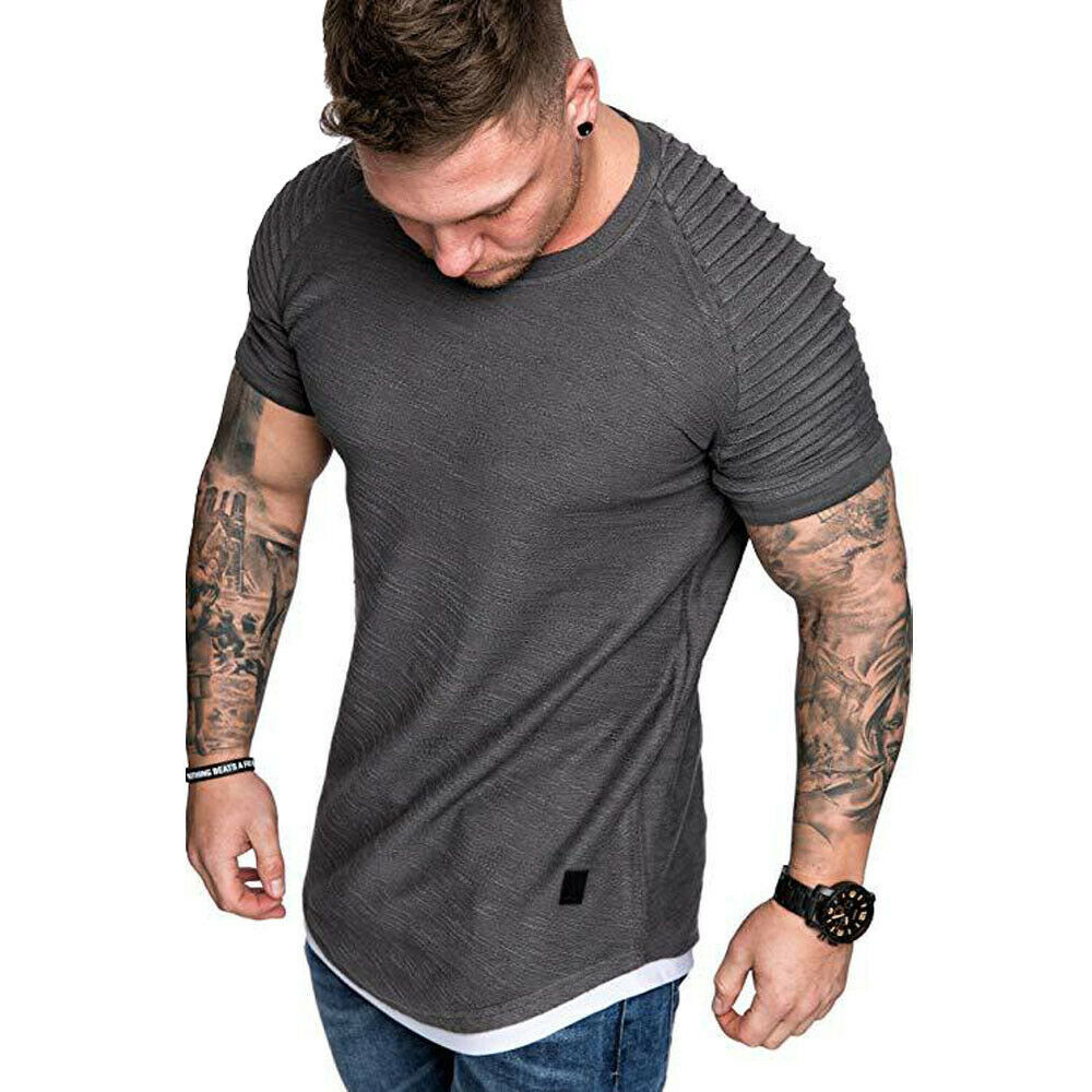 Men's T-Shirts Casual Men's T-Shirts Pleated Wrinkled Slim Fit O Neck Short Sleeve Muscle Solid Casual Tops Shirts Summer Basic Tee 230503