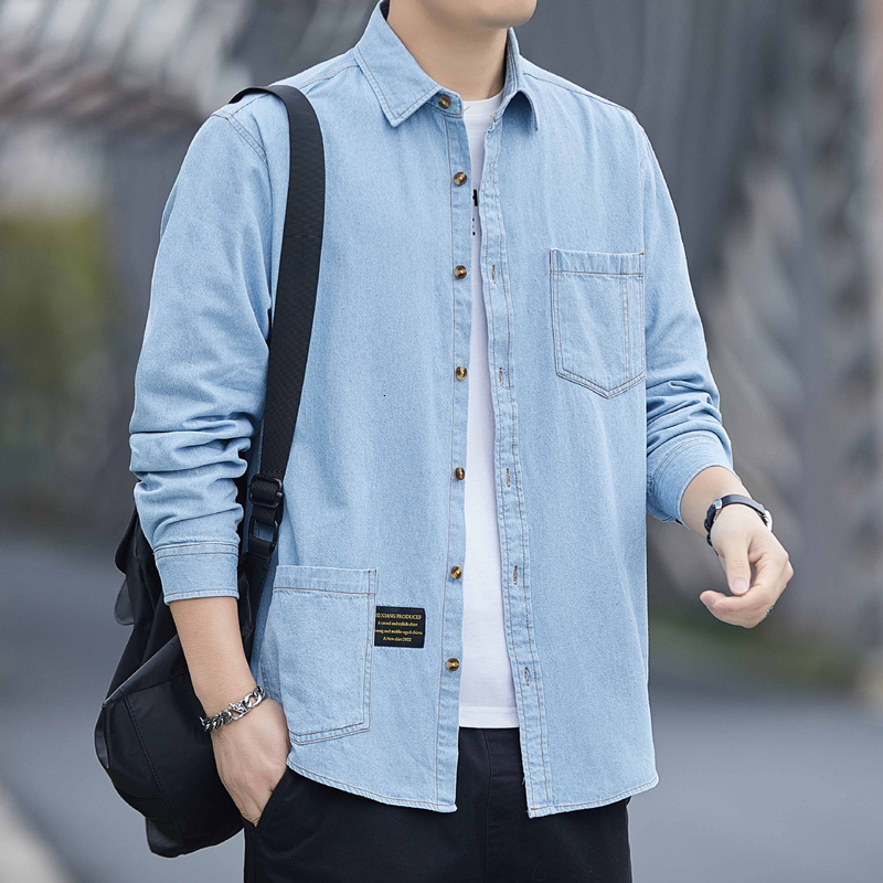 Men's Casual Shirts Spring Men's Long Sleeve Denim Shirts Autumn Korean Trend 100% Cotton Loose Casual Shirt Male Classic Thin Jean Jacket 2