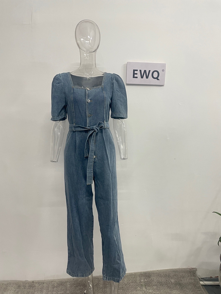 Women's Jumpsuits Rompers EWQ Korean Chic Square Neck Metal Button Lace Up Double Pockets Puff Sleeve Denim Jumpsuit Women Playsuit Spring 16T447