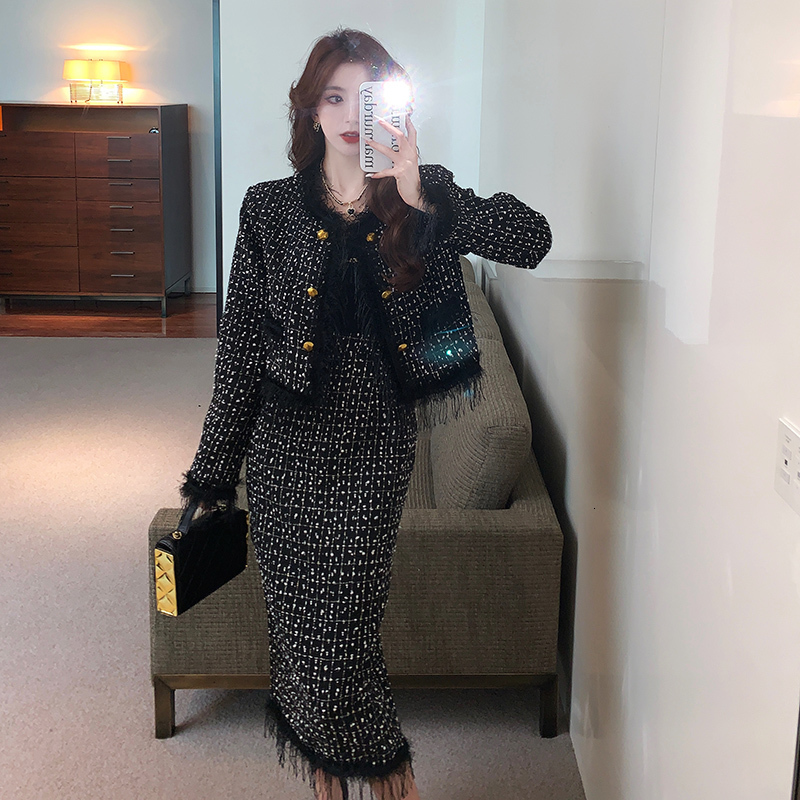 Two Piece Dress Chic Plaid Tweed 2 Piece Sets Women Winter Fashion Tassel Long Sleeve CoatHigh Waist Midi Long Skirt Suits Female Sets 230504