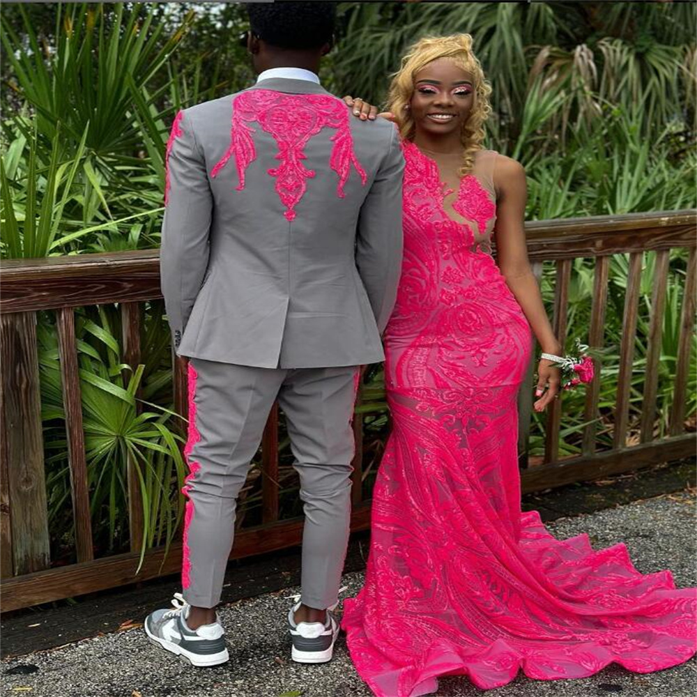 Hot Pink One Shoulder Evening Dress Long Sleeve Mermaid Sequin Prom Gowns For Black Girls Elegant Formal Occasion Birthday Wear Vestidos De Fiesta Noc
