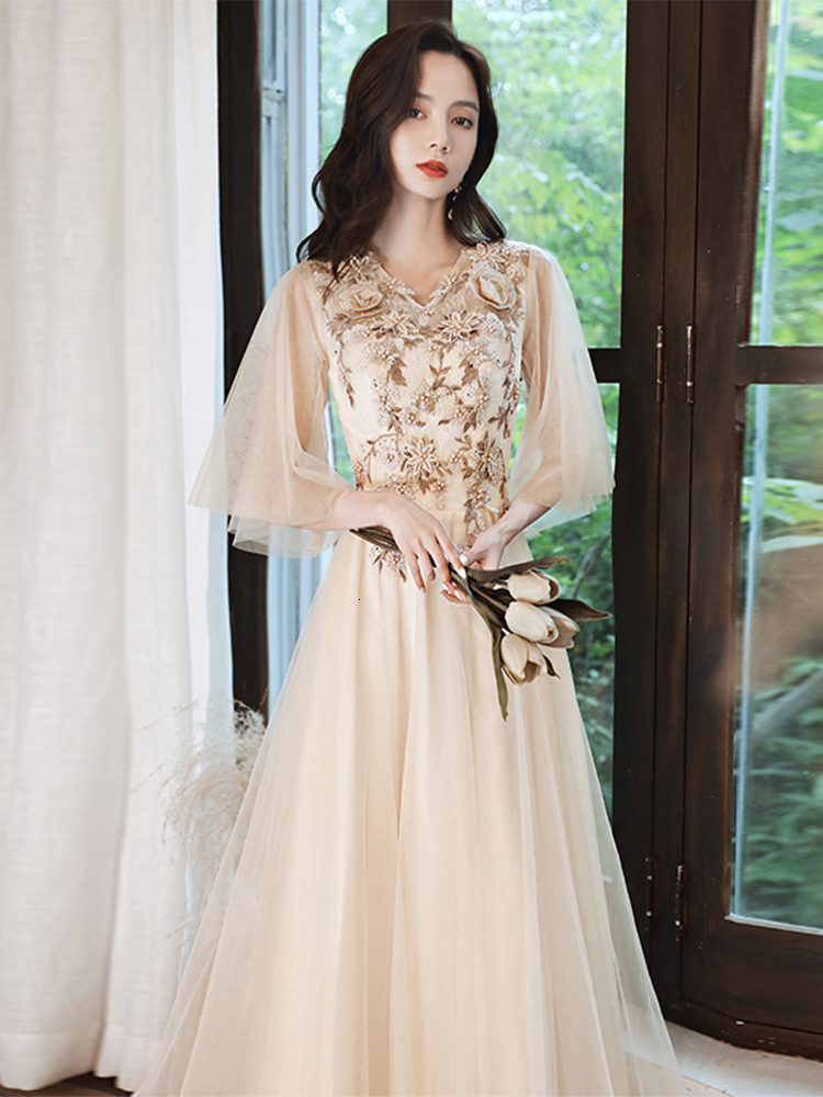 Party Dresses Fashion Champagne Evening Dress Half Sleeve a Line Floor Length Prom Dress Applique Banquet Party Dresses 230504