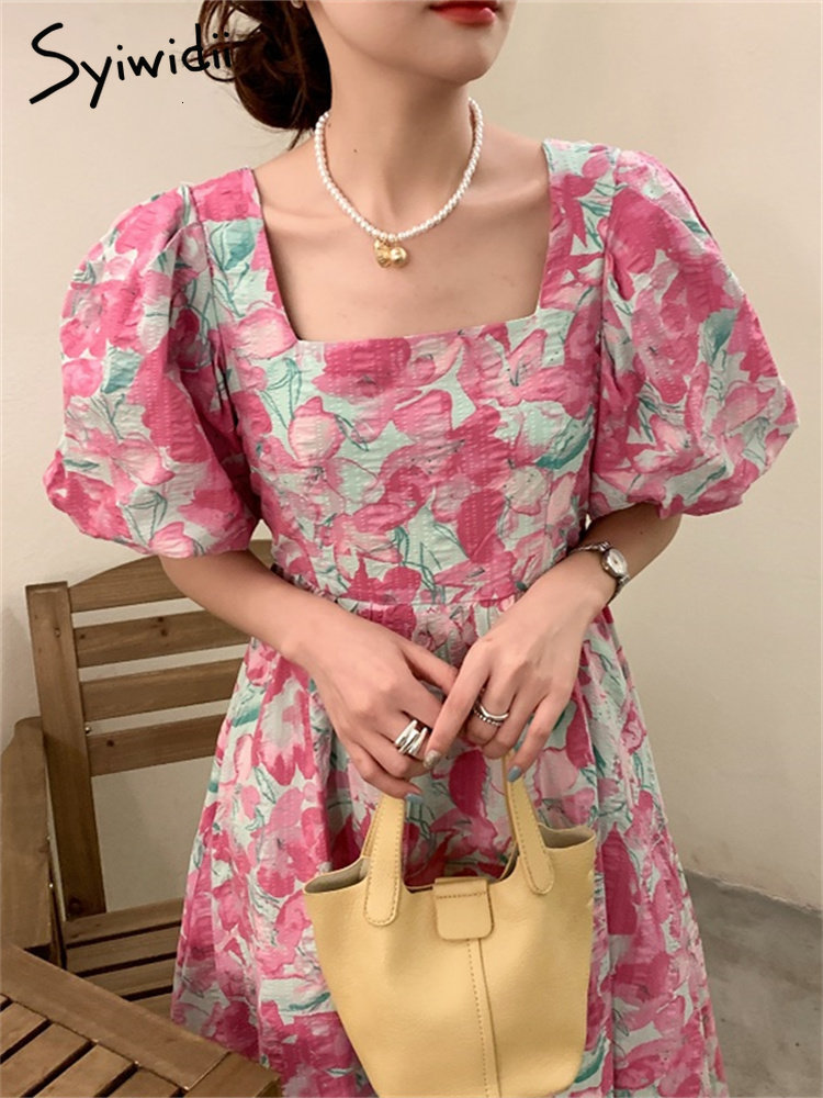 Casual Dresses Syiwidii Fashion Print for Women Short Sleeve Square Collar High Waisted French Style Elegant A Line Summer Midi 230504