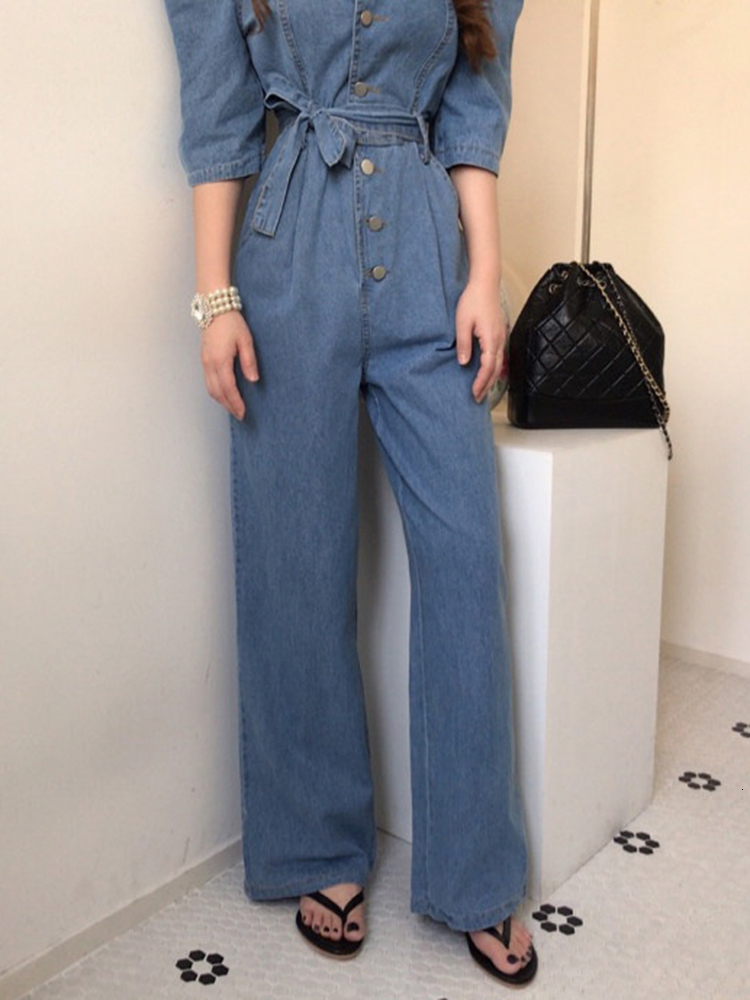 Women's Jumpsuits Rompers EWQ Korean Chic Square Neck Metal Button Lace Up Double Pockets Puff Sleeve Denim Jumpsuit Women Playsuit Spring 16T447