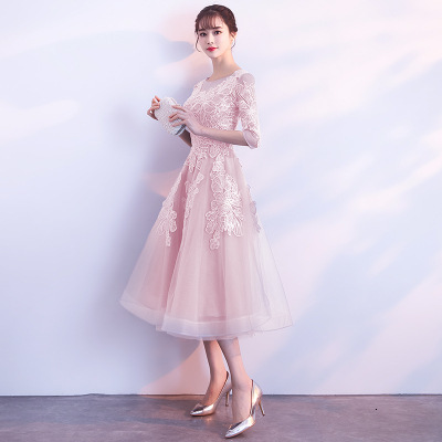 Party Dresses Evening Dress Style Illusion O-neck Half Sleeve a Line Prom Party Dress Appliques Flower Tea Length Robe De Soiree 230504