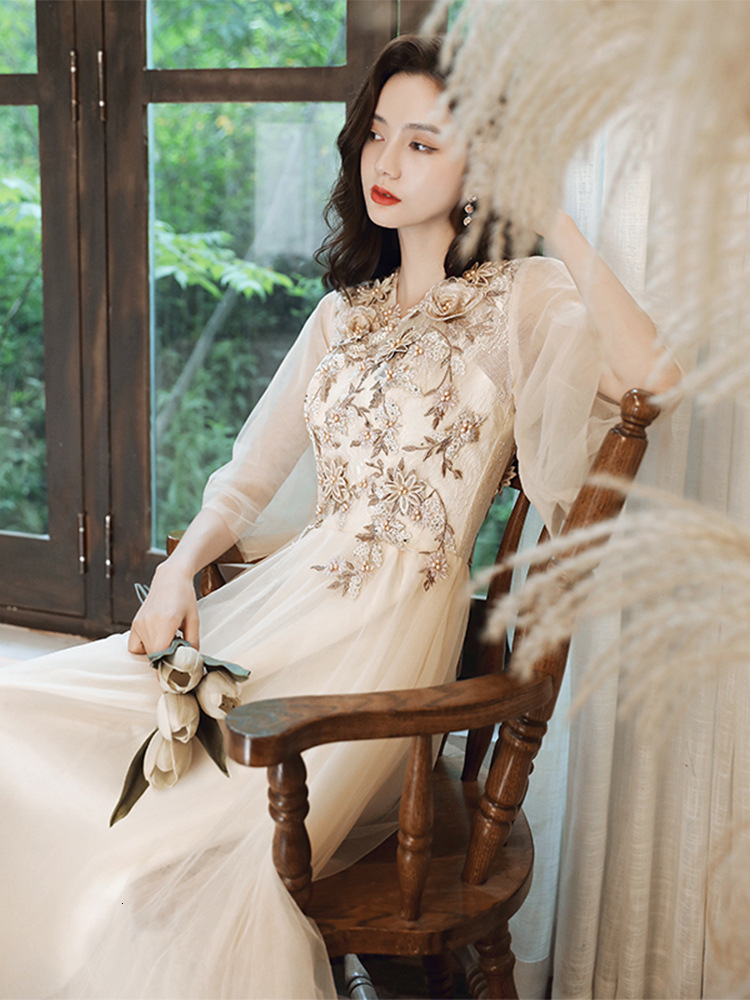Party Dresses Fashion Champagne Evening Dress Half Sleeve a Line Floor Length Prom Dress Applique Banquet Party Dresses 230504