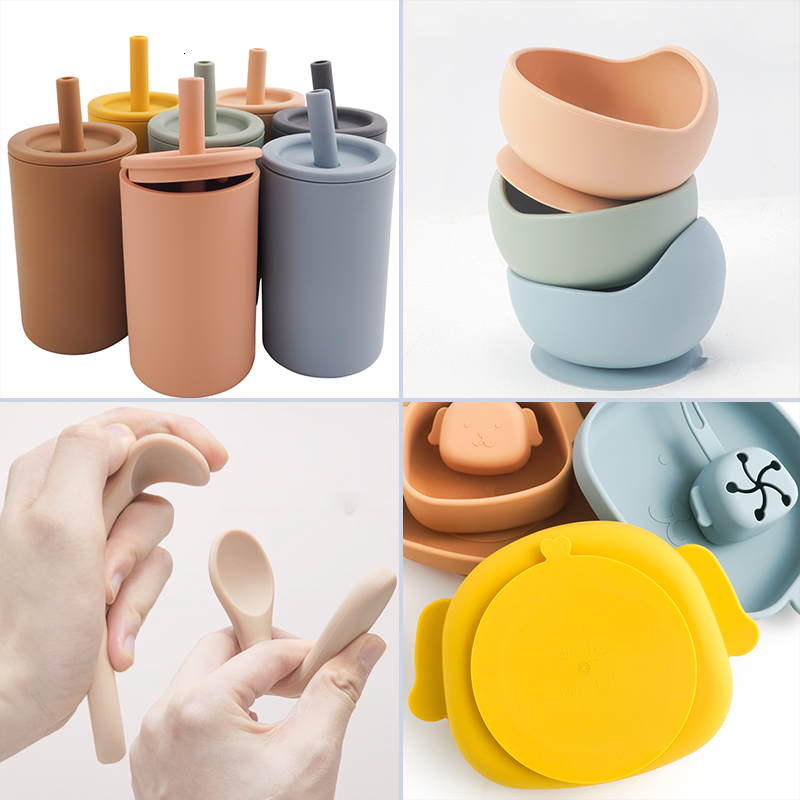 Cups Dishes Utensils Bpa Free Children s Tableware Fashionable Soft Silicone Food Plates Easy To Clean Washing Up Straw Cup Spoons Cute Gadget 230504
