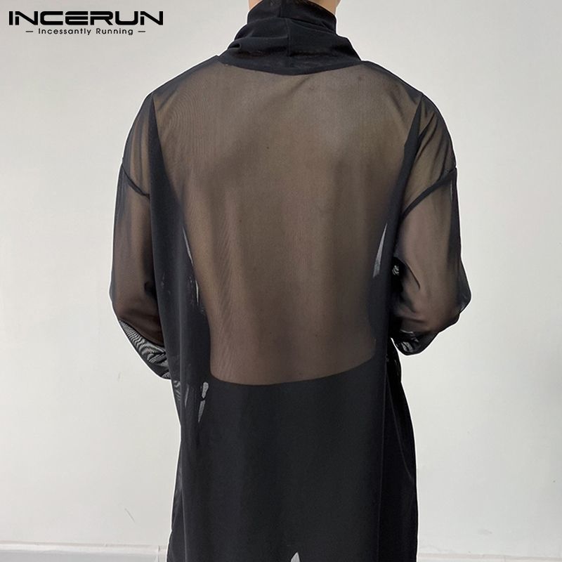 Men's T-Shirts Men T Shirt Mesh See Through Turtleneck Long Sleeve Sexy Tee Tops Underwear Streetwear Party Nightclub Camisetas INCERUN 230503