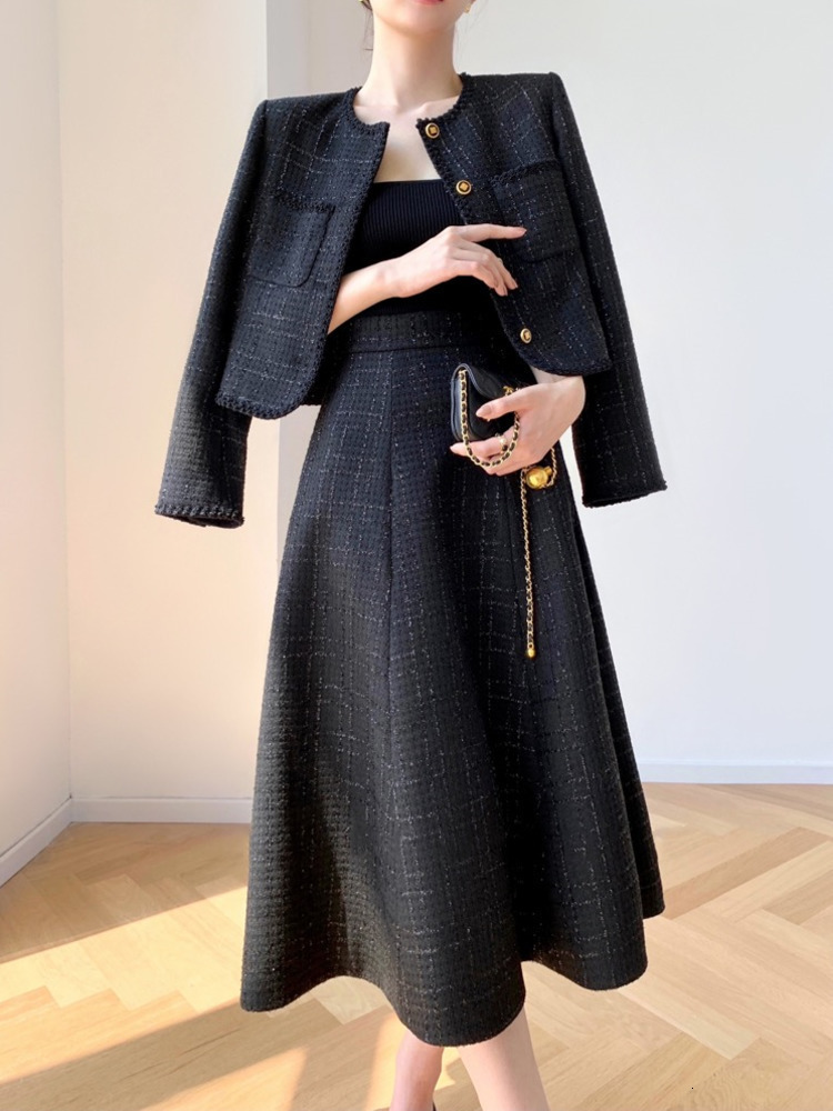 Two Piece Dress High Quality Small Fragrance Tweed Two Piece Set Women Short Jacket Coat Long Skirt Suits Korean Fashion Sweet 2 Piece Sets 230504