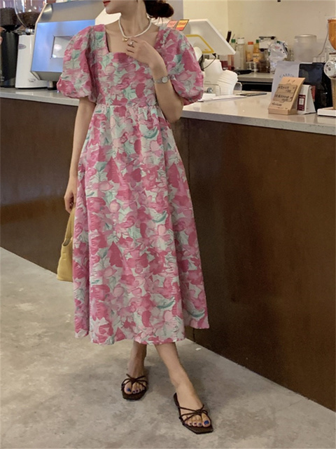Casual Dresses Syiwidii Fashion Print for Women Short Sleeve Square Collar High Waisted French Style Elegant A Line Summer Midi 230504