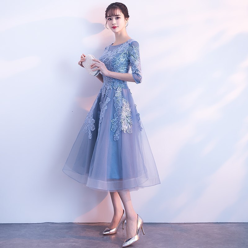 Party Dresses Evening Dress Style Illusion O-neck Half Sleeve a Line Prom Party Dress Appliques Flower Tea Length Robe De Soiree 230504