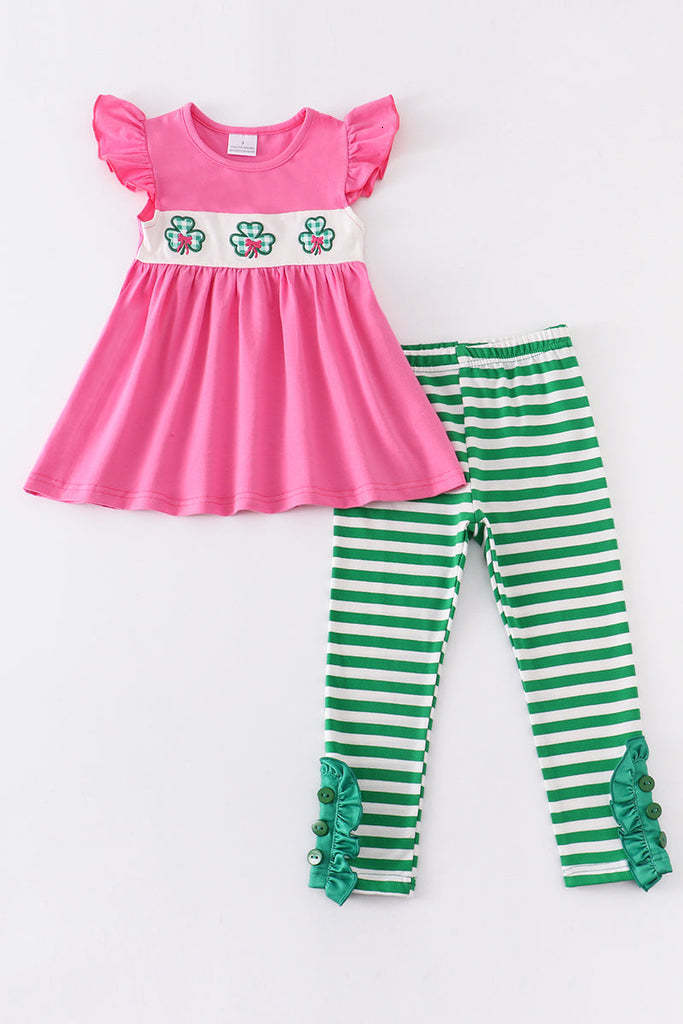 Family Matching Outfits Girlymax St Patrick s Day Sibling Stripe Clover Baby Girls Dress Boys Pants Set Ruffles Romper Smocked Kids Clothing 230504