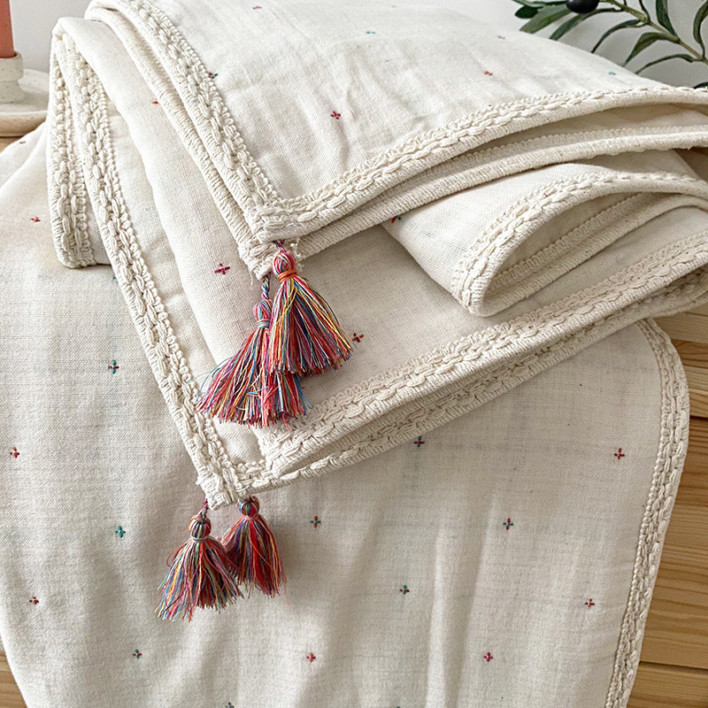 Blankets Swaddling Retro Cotton Quilt Bohemian Japanese Style Children Air conditioning born Plain Bedclothes 230504