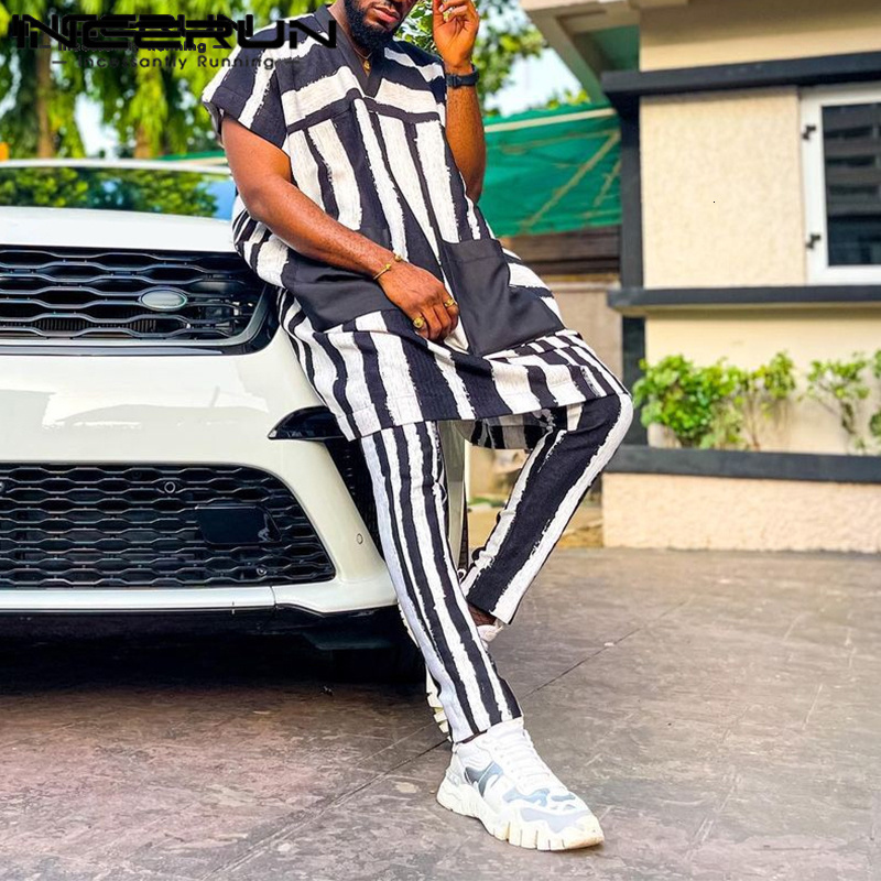 Mens Tracksuits Men Sets Printing Loose V Neck Short Sleeve T Shirt Pants Two Pieces Streetwear Vintage Casual Suits INCERUN 230504