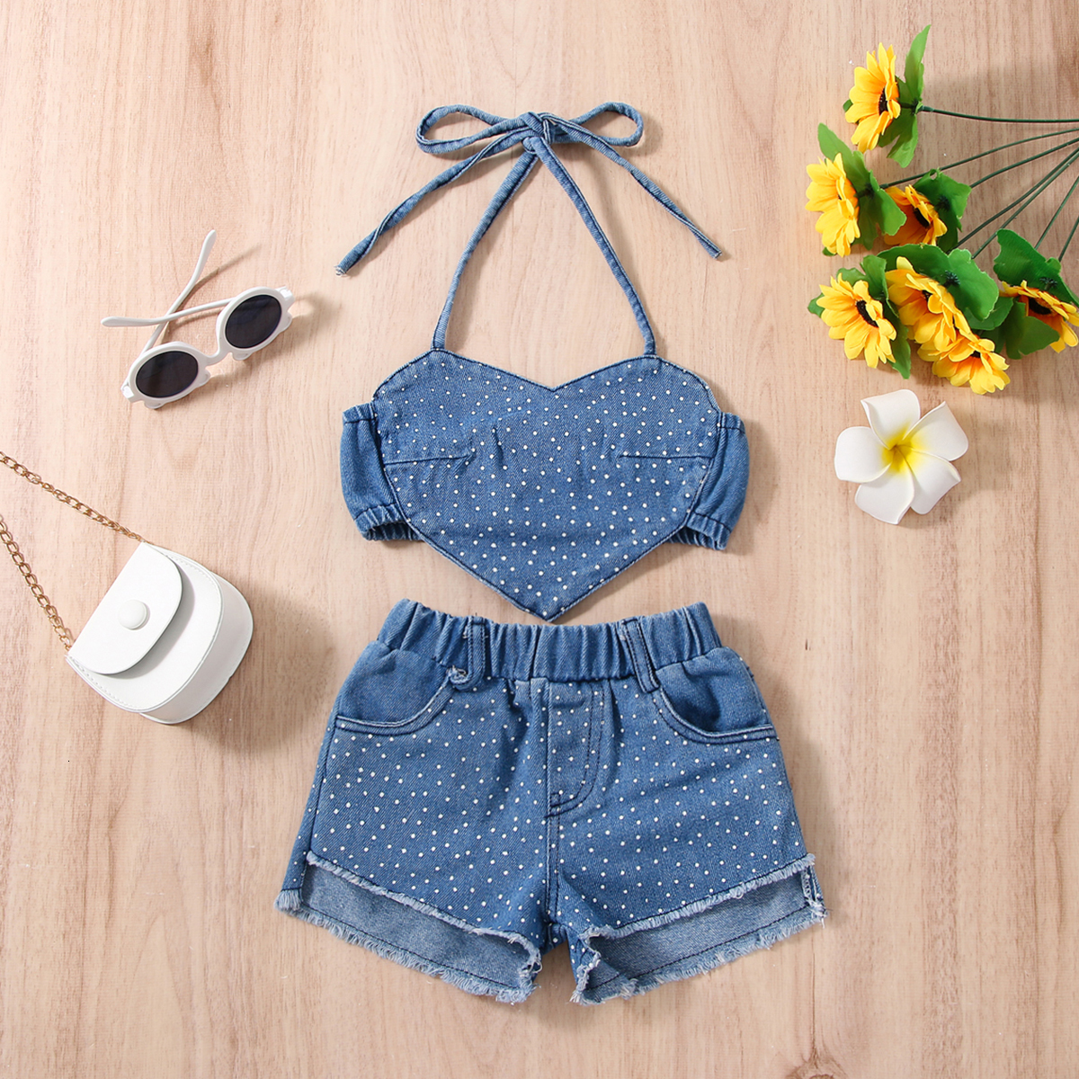 Clothing Sets FOCUSNORM Valentines Day Toddler Girl Summer Clothes 2pcs Dot Print Heart Denim Camisole Ripped Jeans Shorts 230504