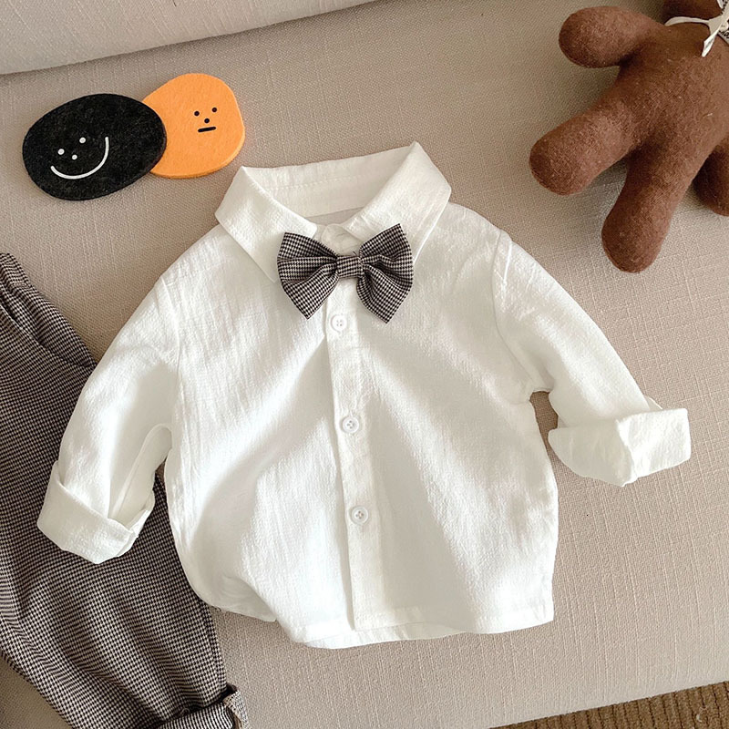 Clothing Sets MILANCEL Spring Baby Set Boys Birthday Bow Shirt and Plaid Overalls 2 Pcs Suit 230504