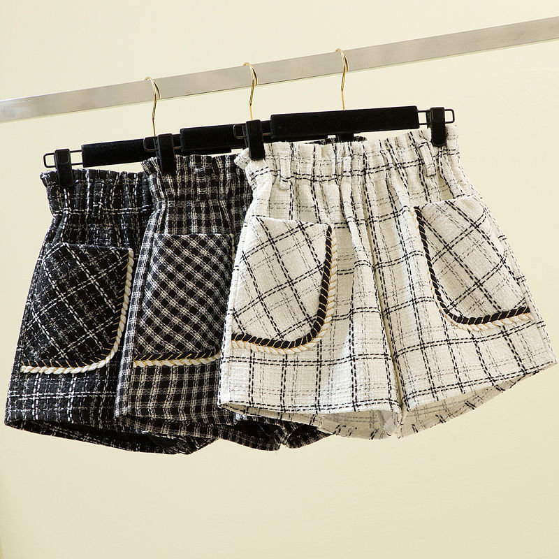 Women's Shorts Autumn Winter Women Shorts Wide Leg High Waist Female Fashionable Woolen Tweed Checkered Ladies Shorts Trousers Q31 230504