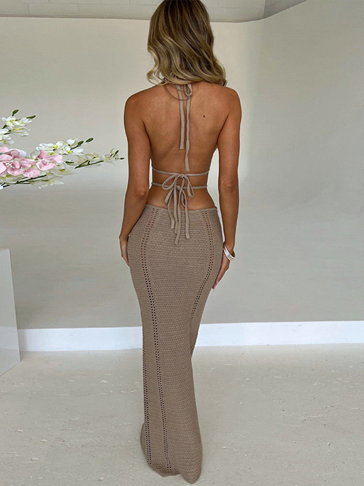 Casual Dresses Hollow Out Halter Knitted Maxi Dress Sexy Solid Lace Up Backless Sleeveless Bodycon Female Elegant Beach Vestidos 230504