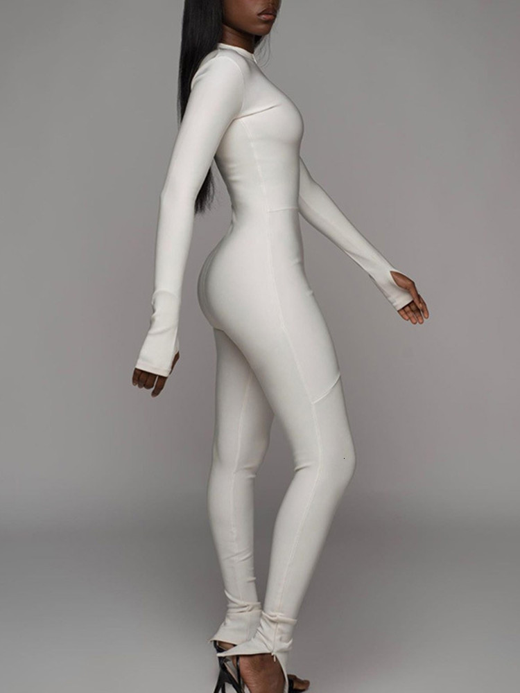 Women s Suits Blazers Kliou Solid Black White Bodycon Jumpsuit Women Sporty Rompers Summer Fitness Long Sleeve Zipper Elastic 230503