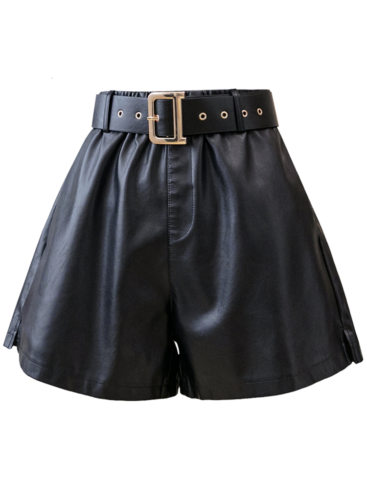 Women's Shorts REALEFT Winter PU Leather Women's Shorts With Belted Stylish OL High Waist Pockets Casual Wide Legged Trousers Female 230504