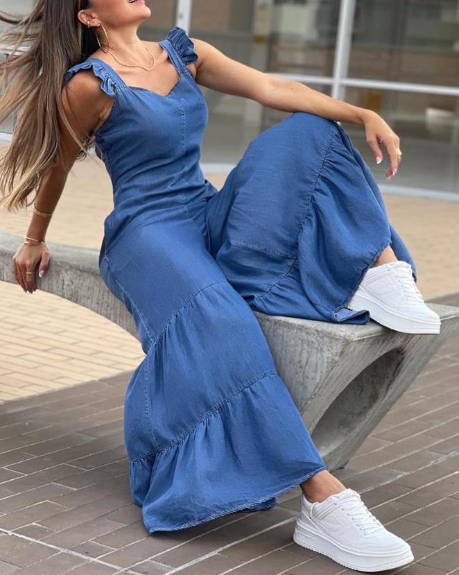 Women's Jumpsuits Rompers Women's Jumpsuit Summer Fashion Sleeveless Frill Hem Shirred Casual Sweetheart Neck Plain Wide Leg Long Flared Leg