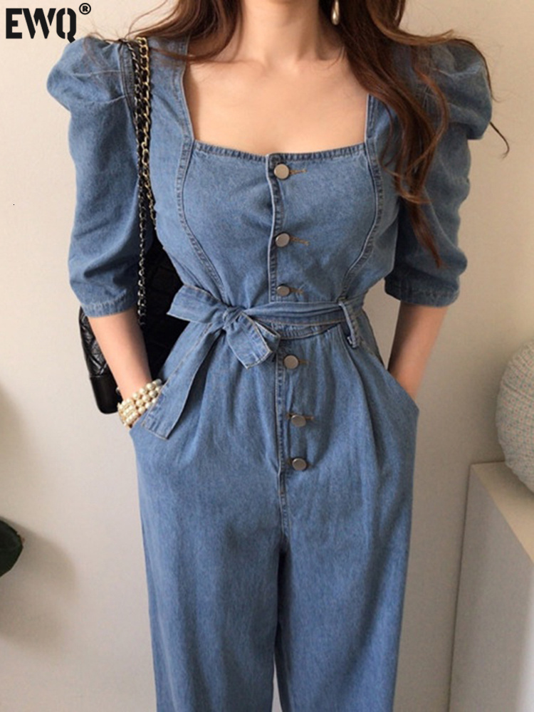 Women's Jumpsuits Rompers EWQ Korean Chic Square Neck Metal Button Lace Up Double Pockets Puff Sleeve Denim Jumpsuit Women Playsuit Spring 16T447