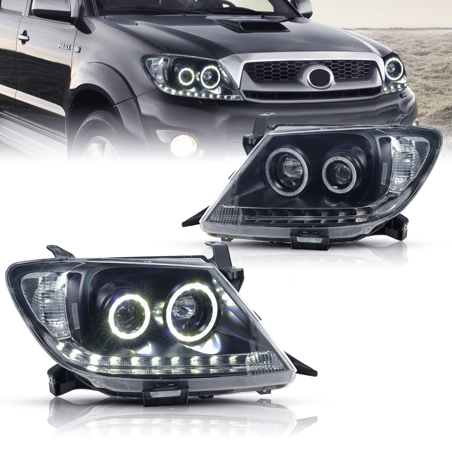 LED Dual Beam Lens Headlights for Toyota Hilux 2005-2011 Upgrade Highlight Front Lights Running Signal Headlamp