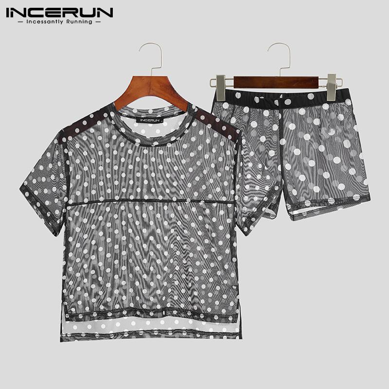 Men's Sleepwear INCERUN Sexy Fashion Men's See Through Pajama Sets Short Sleeve Polka Dot Shirts Shorts Male Nightgown Loungewear S-5XL 2305