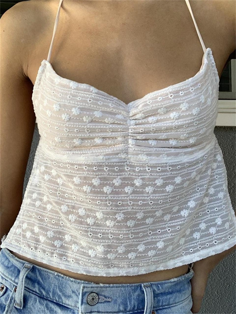 Camisoles Tanks CHRONSTYLE Floral White Crop Tops Fairycore 00s Retro Halter Camis Y2K Aesthetics Sexy Backless Mini Vest Summer Boho Beach Tank 23050