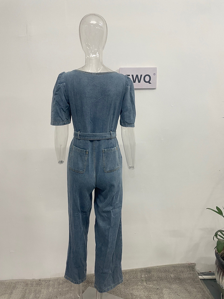 Women's Jumpsuits Rompers EWQ Korean Chic Square Neck Metal Button Lace Up Double Pockets Puff Sleeve Denim Jumpsuit Women Playsuit Spring 16T447