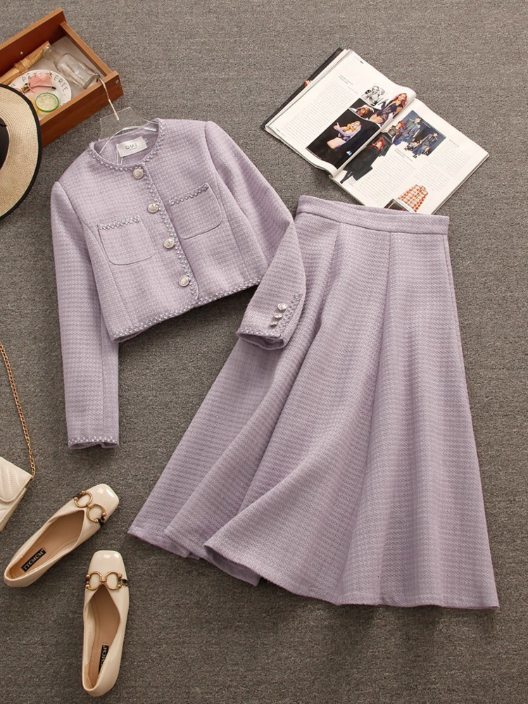 Two Piece Dress High Quality Small Fragrance Tweed Two Piece Set Women Short Jacket Coat Long Skirt Suits Korean Fashion Sweet 2 Piece Sets 230504