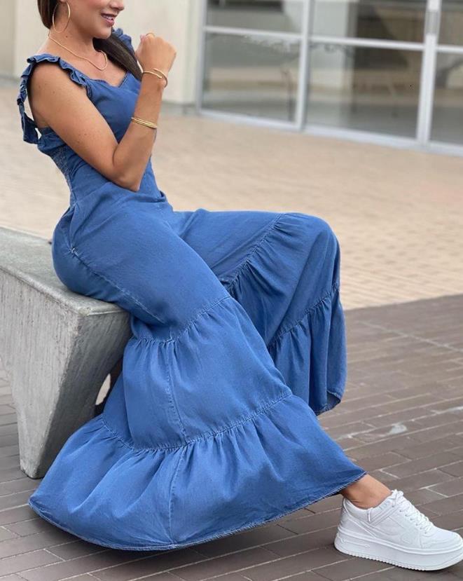 Women's Jumpsuits Rompers Women's Jumpsuit Summer Fashion Sleeveless Frill Hem Shirred Casual Sweetheart Neck Plain Wide Leg Long Flared Leg