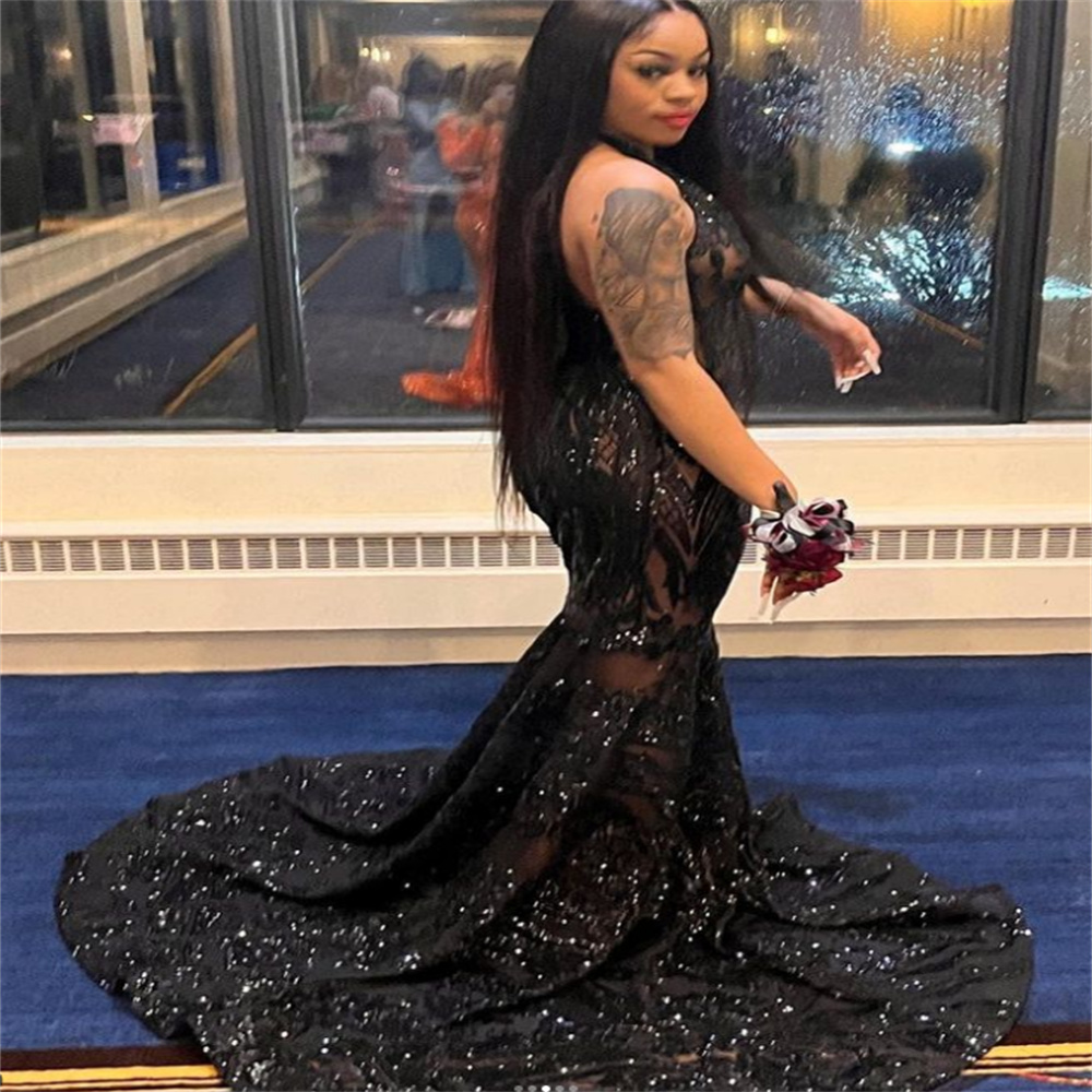 Sparkle Sequin Black Evening Dress Sexy V Neck Plus Size Black Girls Prom Gowns 2023 Elegant Formal Birthday Women Party Wear Vestidos De Fiesta Noche