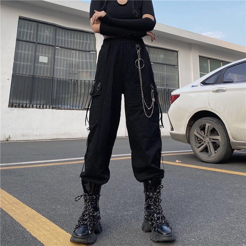 Women's Pants Capris Women Gothic Harajuku Black Chain Cargo Pants Women Streetwear Korean Style Oversize Harem Pants Goth Punk Female Trousers 2