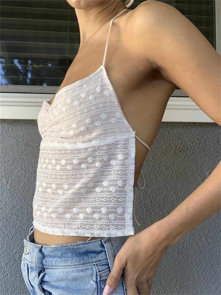 Camisoles Tanks CHRONSTYLE Floral White Crop Tops Fairycore 00s Retro Halter Camis Y2K Aesthetics Sexy Backless Mini Vest Summer Boho Beach Tank 23050