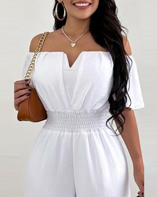 Women's Jumpsuits Rompers Jumpsuits for Women Spring Fashion Off Shoulder Casual Plain Short Sleeve Shirred Waist Daily Long Wide Leg Jumpsuit 23