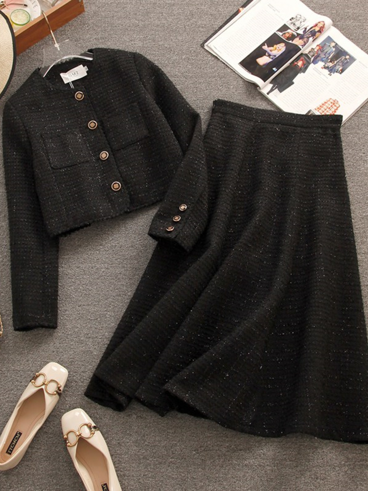 Two Piece Dress High Quality Small Fragrance Tweed Two Piece Set Women Short Jacket Coat Long Skirt Suits Korean Fashion Sweet 2 Piece Sets 230504