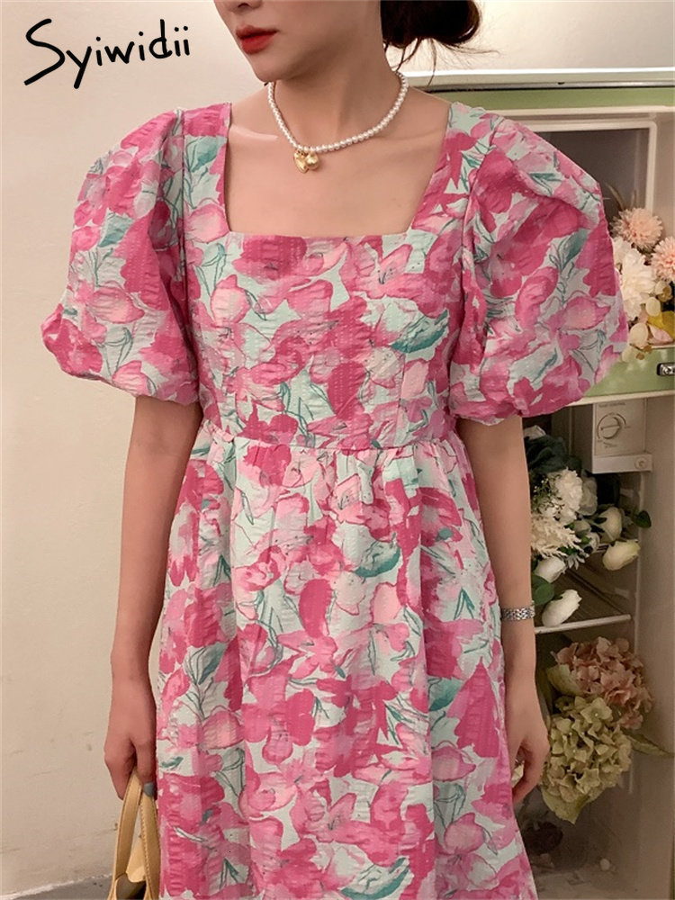 Casual Dresses Syiwidii Fashion Print for Women Short Sleeve Square Collar High Waisted French Style Elegant A Line Summer Midi 230504