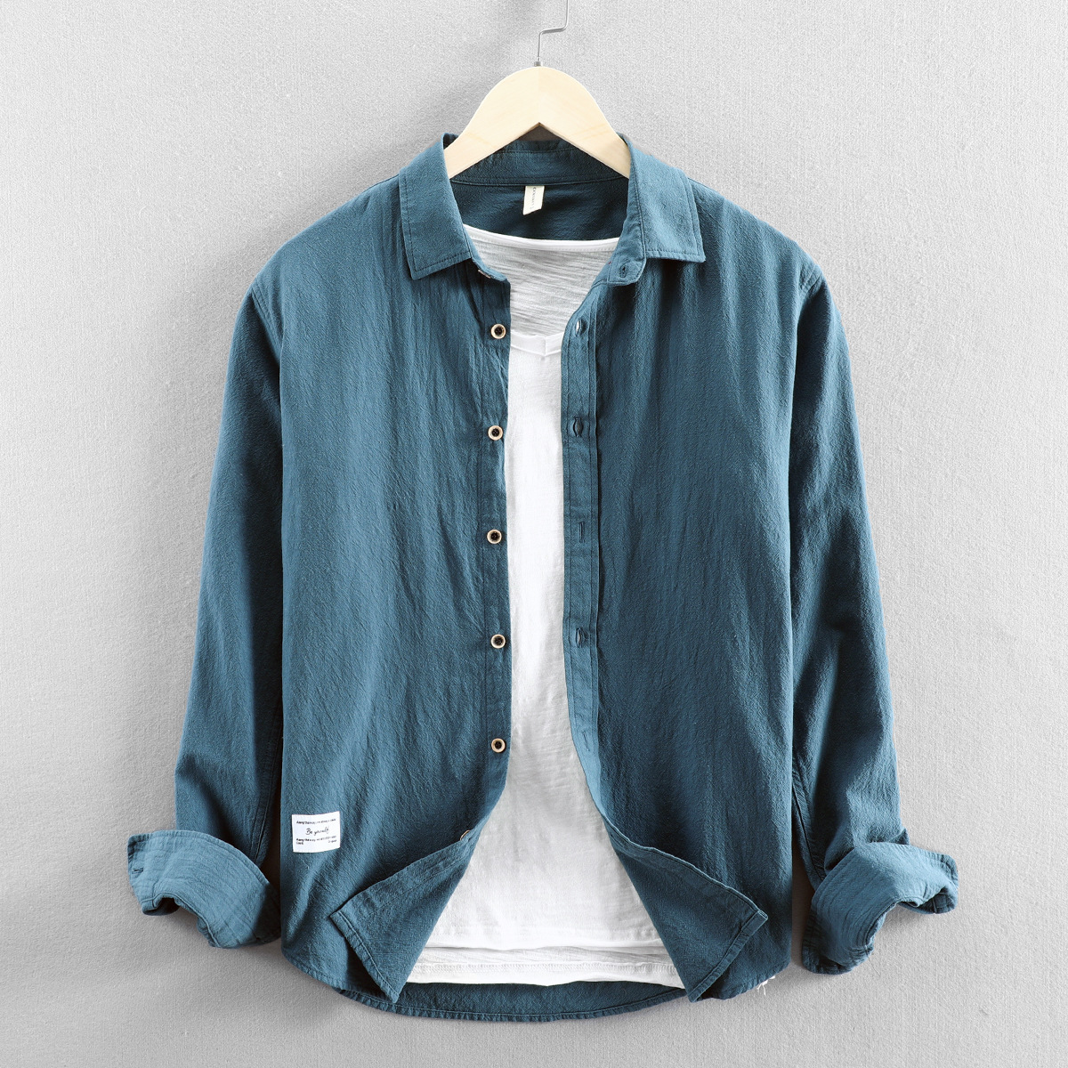 Men's Casual Shirts 100% Cotton Spring Fall Fashion Premium Long Sleeve Casual Shirt Men's Solid Simple Vintage Loose Versatile Lapel Blouse
