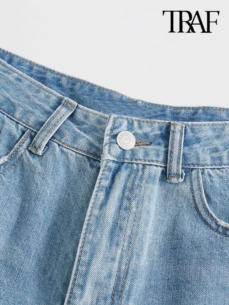 Women's Shorts TRAF Women Fashion With Frayed Tassel Ripped Denim Shorts Vintage Mid Waist Zipper Fly Female Short Jeans Mujer 230504