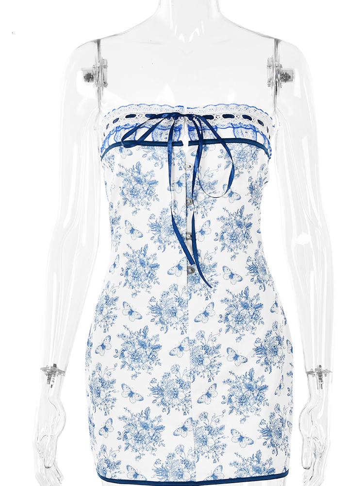 Casual Dresses JULISSA MO Floral Printed Vacation Women Dress Off-shoulder Blue Metal Button Spring Skinny Elegant Outside Female Mini Dresses 230504